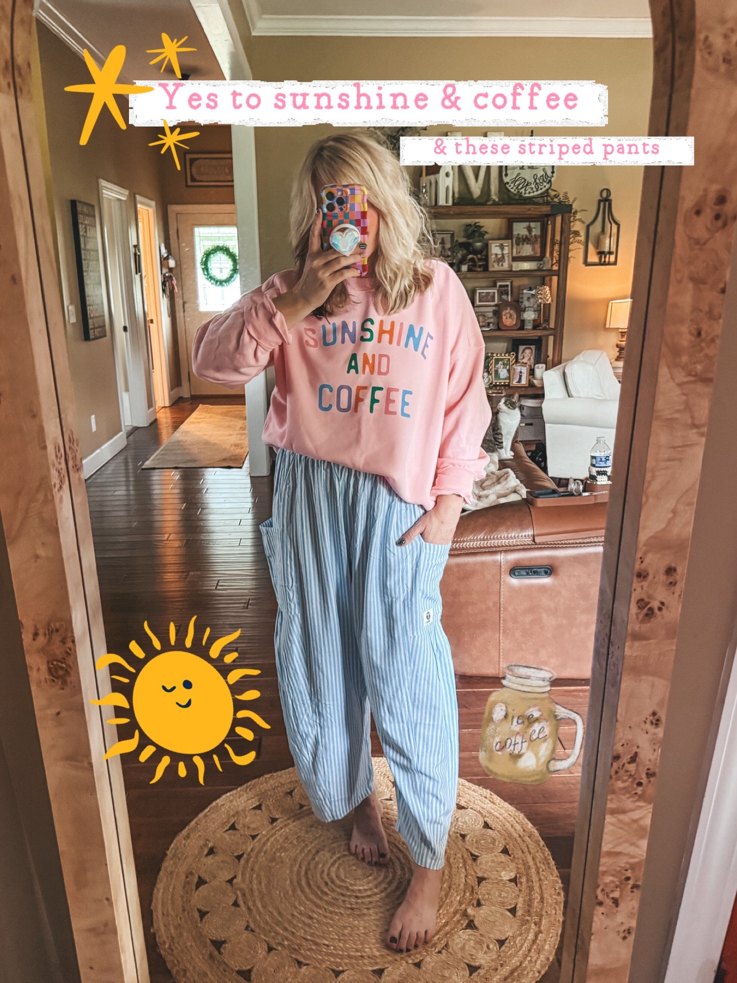 Cutest sweatshirt and obsessed with these striped pants! 😍 medium in pants, large in sweatshirt.

#LTKOver40