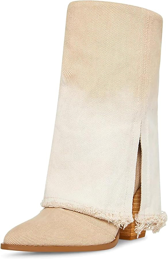 MUCCCUTE Women's Denim Boots Cowboy Western Fold Over Cowgirl Boots Chunky Stacked Heel Pointed T... | Amazon (US)