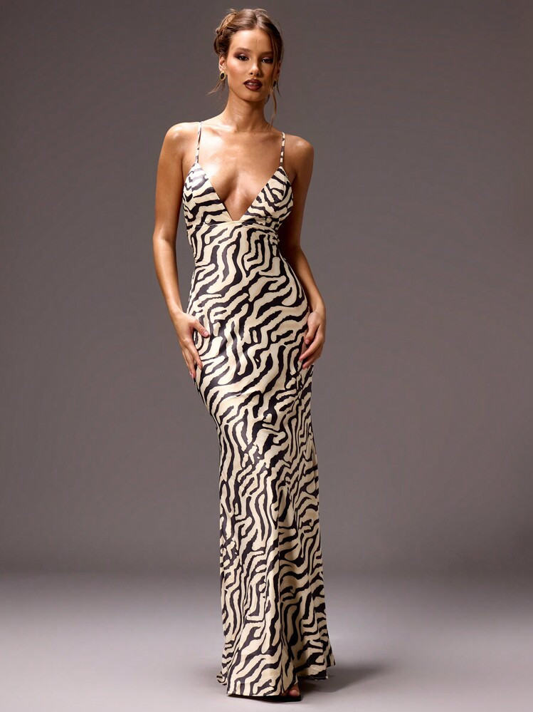 SHEIN X Scheana MUSERA Zebra Striped Print Backless Sexy Maxi Dress Spring Summer Vacation Wedding Guest Occasion Birthday Elegant Cute Sexy Vacation Holiday Beach Ibiza Fall Night Out Wedding Guest, Elegant Christmas, Halloween, Fall, Winter Christmas Christmas Chic | SHEIN