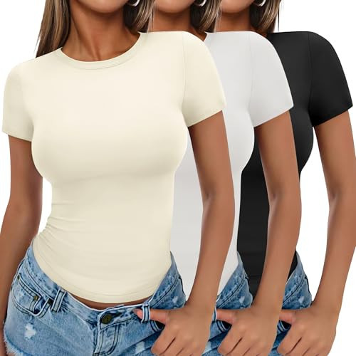 Ekouaer Basic Tees for Women Slim Fitted Tshirt Short Sleeve Crew Neck Tops Y2K Clothes Black/White/Beige L | Amazon (US)
