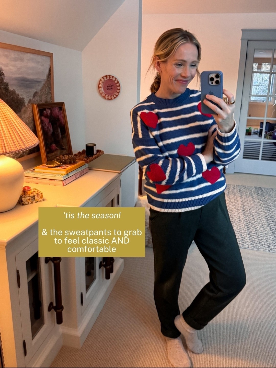 Varley sweatpants wearing an xs, madewell white layering tee wearing my regular size small, Boden heart festive Valentine’s Day sweater wearing my regular size.
xo, Claire 

#LTKmomlife #LTKootd #LTKSeasonal