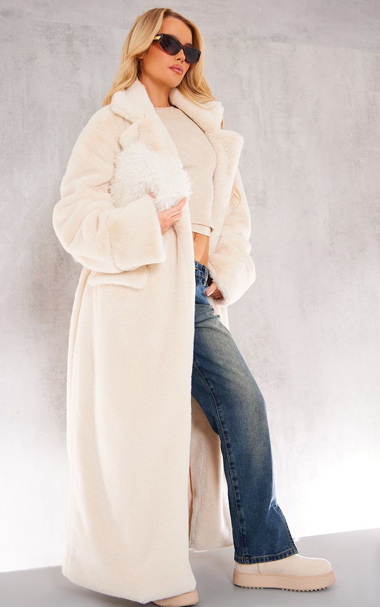 Cream Faux Fur Longline Grandad Coat | PrettyLittleThing UK