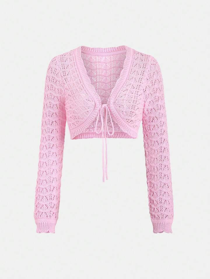 SHEIN Qutie Women's Hollow Out Long Sleeve Lace Up Cardigan | SHEIN