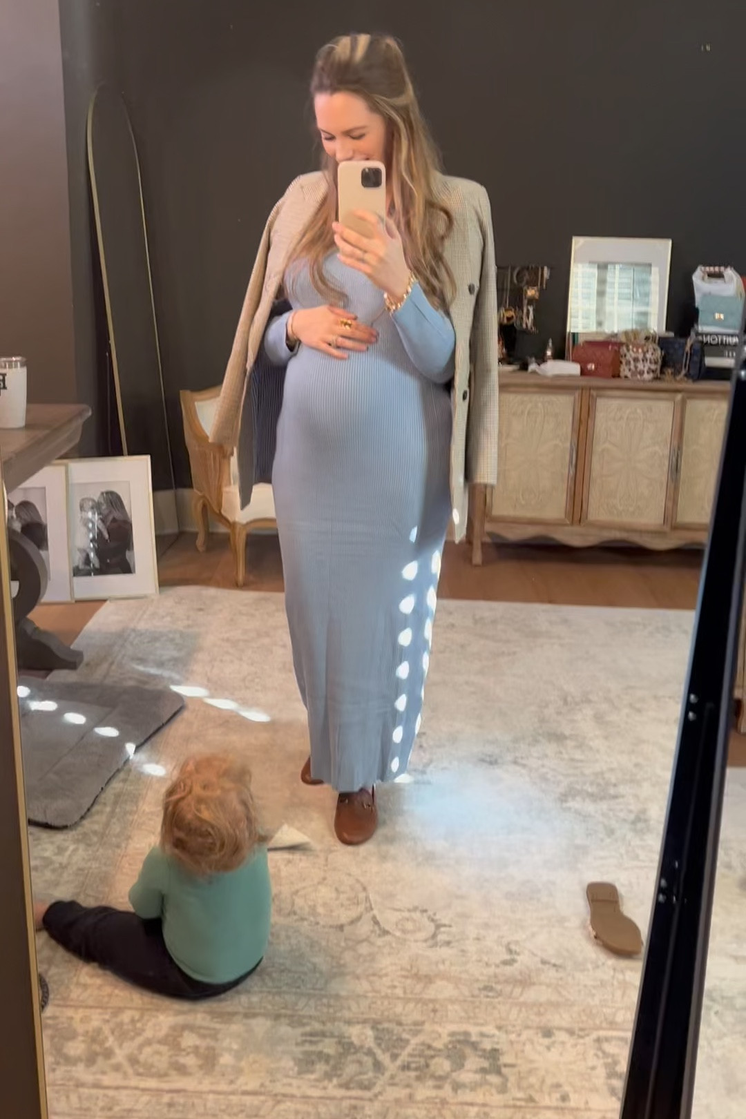 A great bump friendly transitional dress! Long sleeve, the perfect fabric weight, flattering length and baby blue — the color of the season! Paired with this camel/tan/navy/blue plaid/houndstooth blazer. Perfect for workwear, baby shower, date night, all of the things! 

#LTKBump #LTKWorkwear #LTKStyleTip