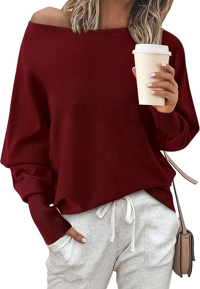 BTFBM Womens Trendy Off Shoulder Sweater 2024 Fall Long Sleeve Casual Loose Tunics Asymmetrical P... | Amazon (US)