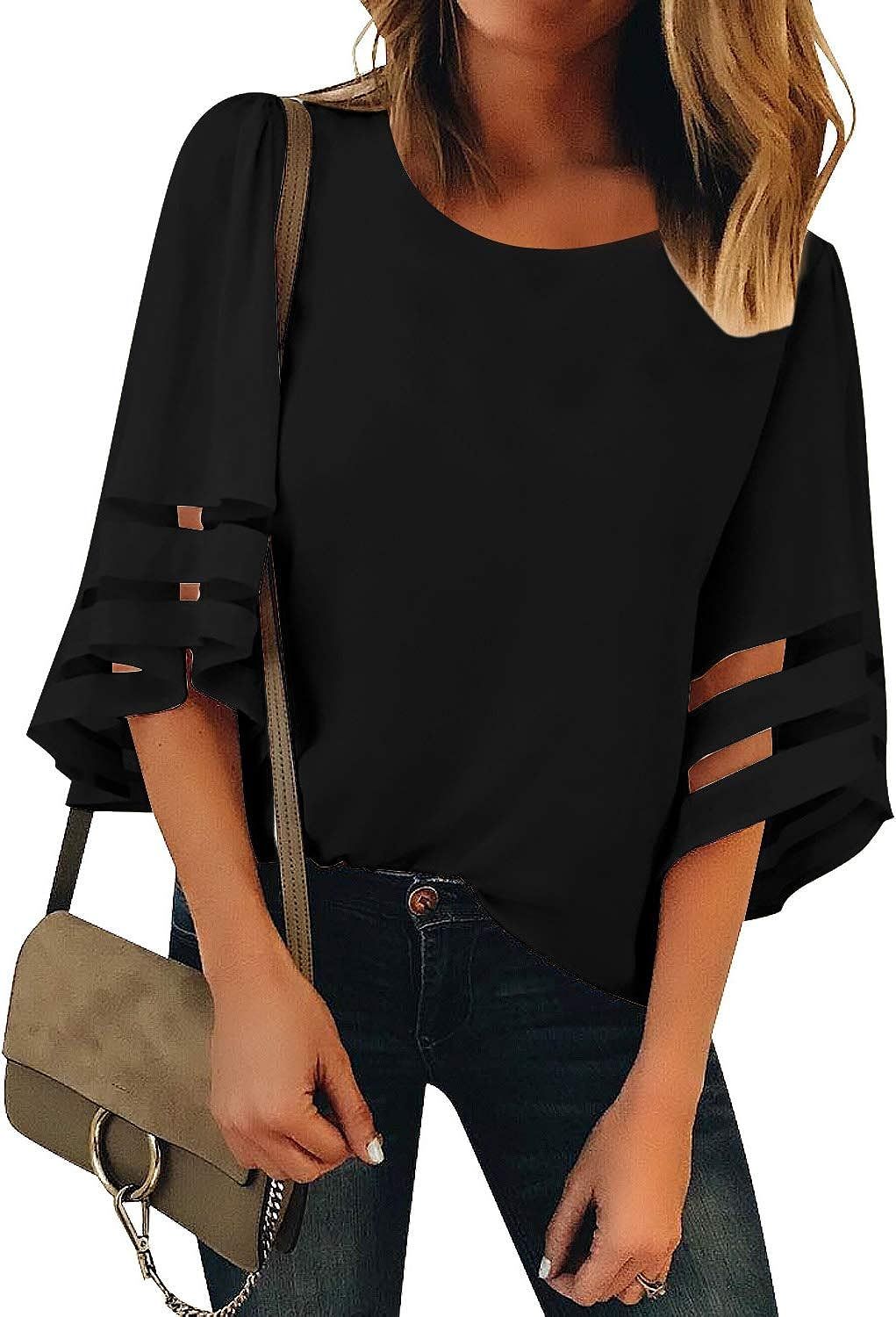 GRAPENT Women's Casual 3/4 Bell Sleeve Blouse V Neck Mesh Panel Loose Top Shirt | Amazon (US)