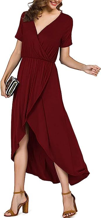 PrinStory Women's Short Sleeve V Neck Slit High Low Wrap Maxi Dress Summer Beach Party Wedding Dr... | Amazon (US)