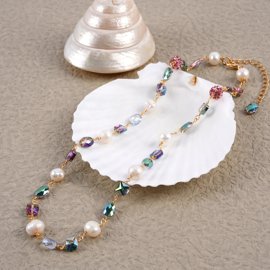Gold Necklace Colorful Necklace-freshwater Pearl Beaded Necklace-crystal Necklace-18 K Gold Fille... | Etsy (US)