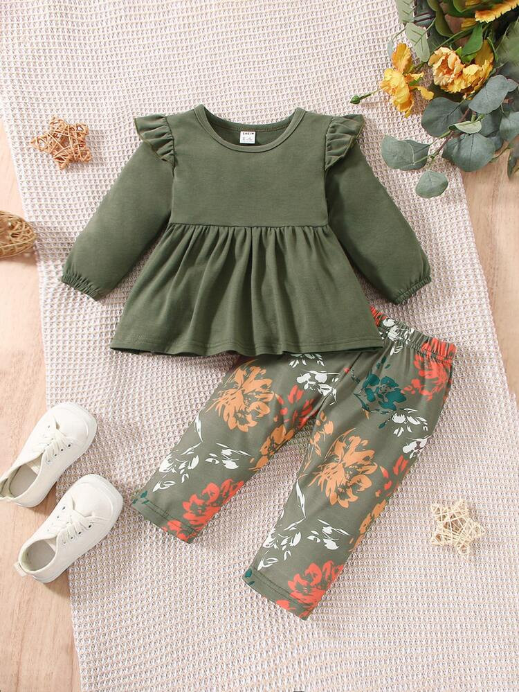 Baby Ruffle Trim Peplum Top & Floral Print Pants | SHEIN