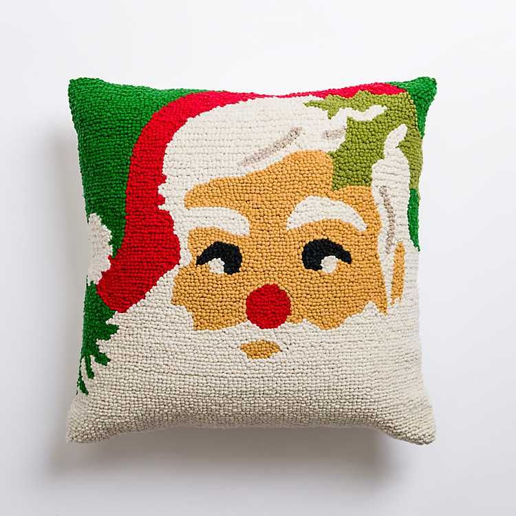 New! Vintage Jolly Santa Hooked Christmas Pillow | Kirkland's Home