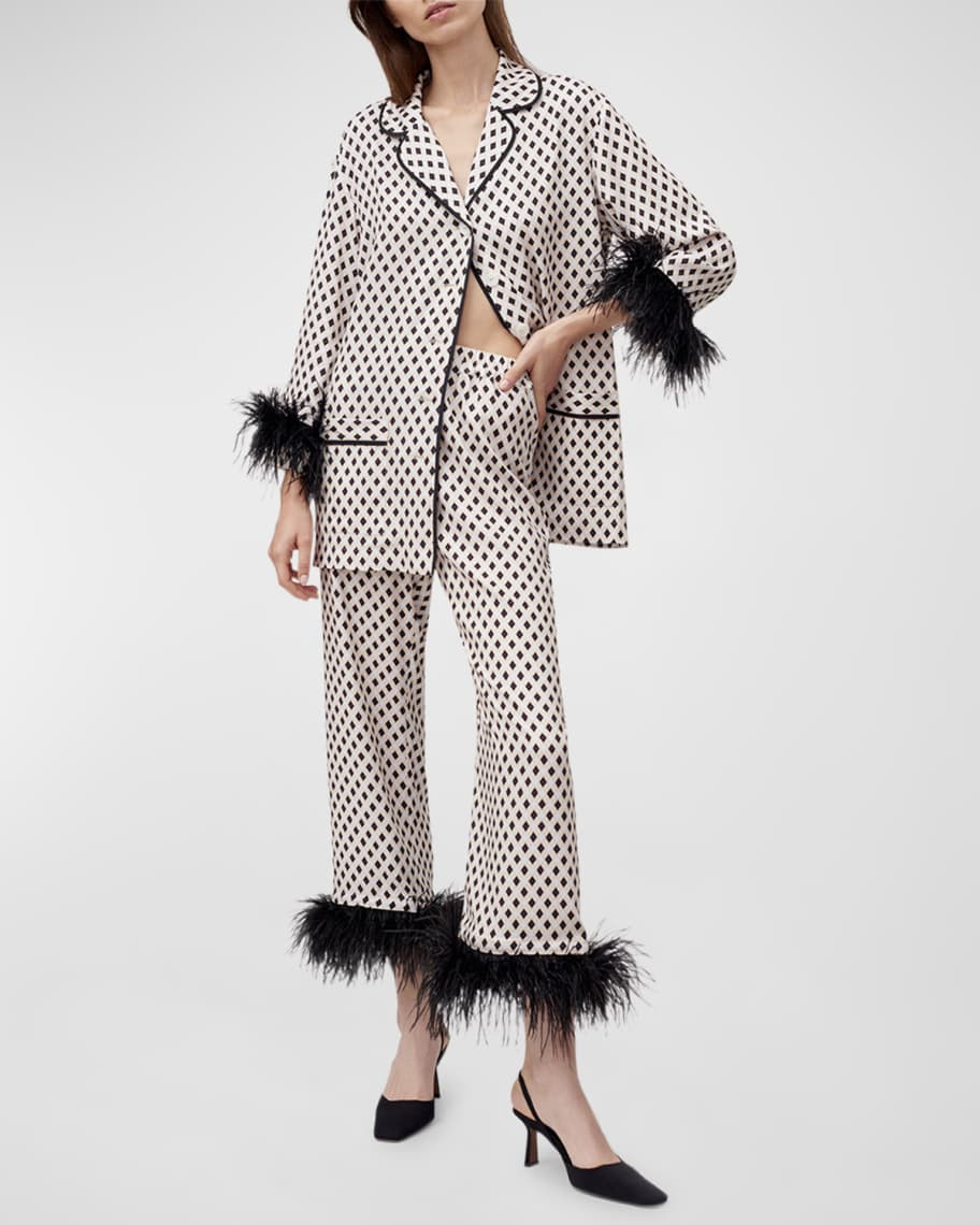 Sleeper Party Feather-Trim Diamond-Print Pajama Set | Neiman Marcus