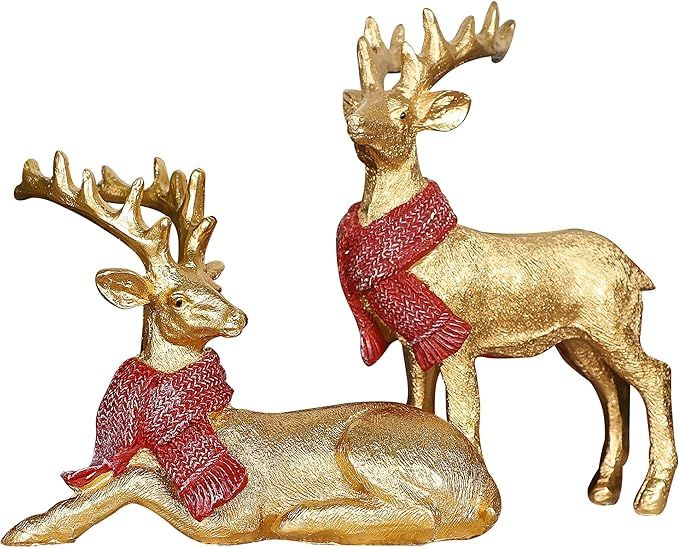 Lulu Home Christmas Tabletop Decorations, 2 Packs Resin Golden Reindeer Standing & Lying Figurine... | Amazon (US)