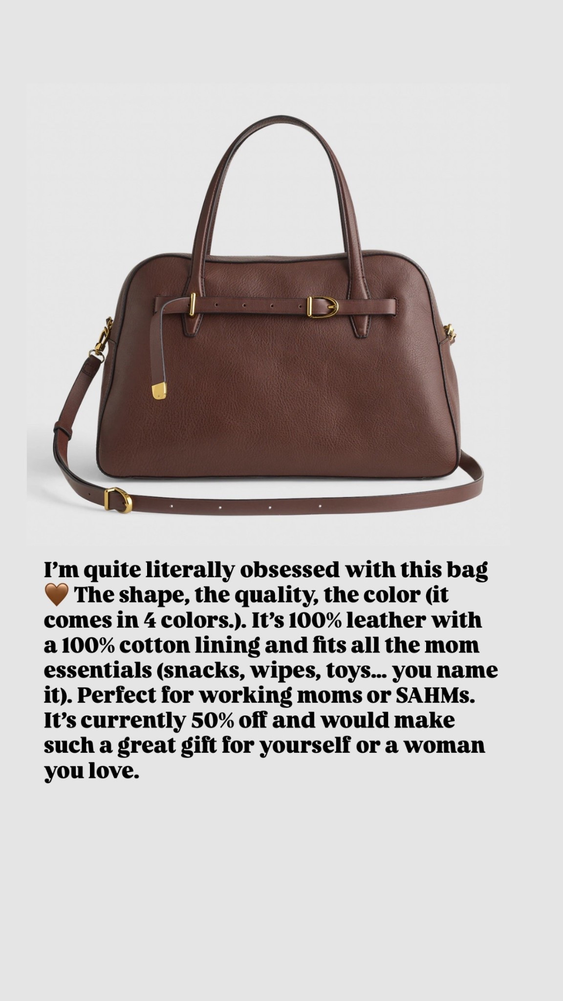 Obsessed is an understatement 🤍 This bag is stunning—beautiful shape, amazing quality, and the perfect everyday color. Made with 100% leather and a cotton lining, and roomy enough for all the mom must-haves. Perfect for working moms or SAHMs. 50% off right now—such a good gift idea.


#LTKGiftGuide #LTKSaleAlert #LTKHoliday