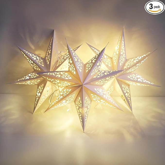 Paper Star Lanterns, Stars Hanging 3Pcs Christmas Paper Lampshade 7 Pointed Star Hanging Decorati... | Amazon (US)