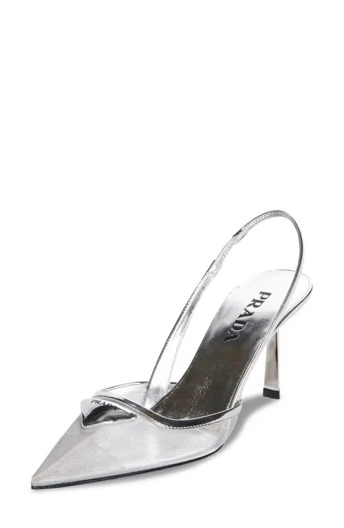 Prada Modellerie Pointed Toe Metallic Mesh Slingback Pump in Argento at Nordstrom, Size 9.5Us | Nordstrom