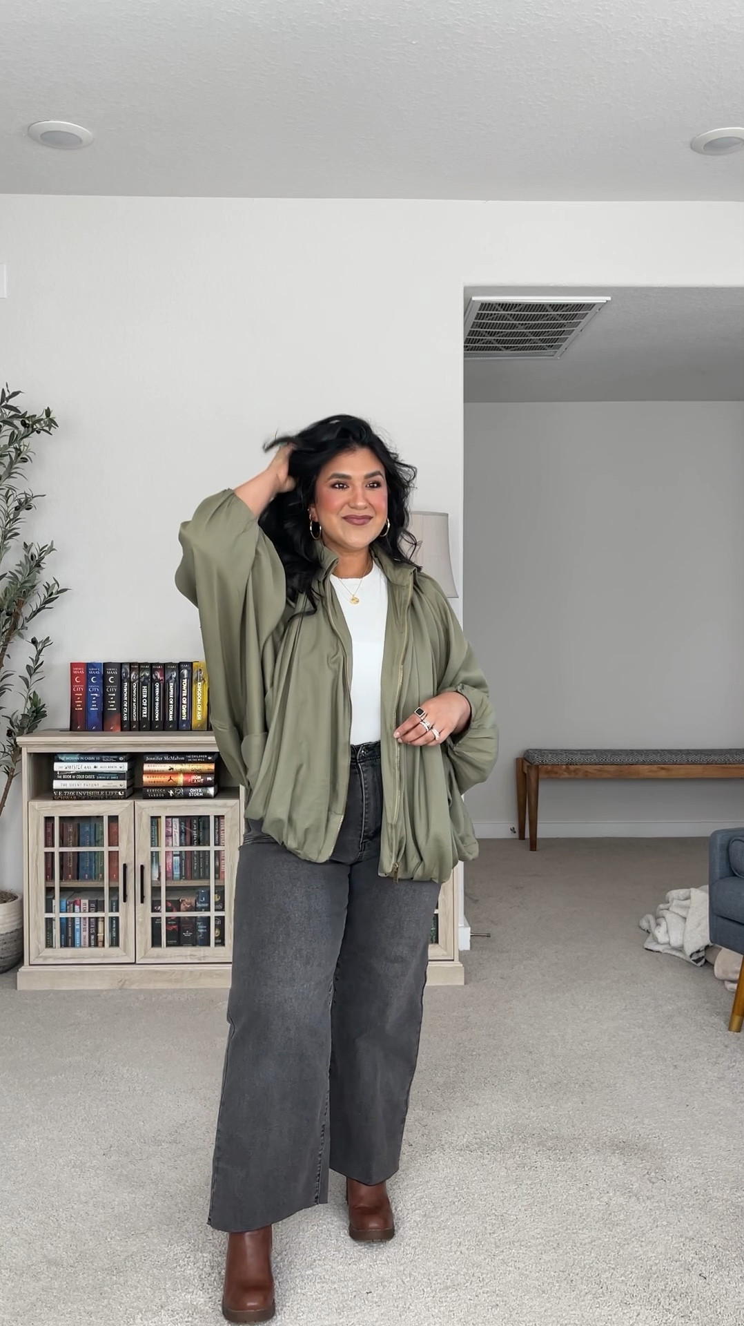 Amazon outfit! I’m 5’1”, size 12. JEANS: size 12, true to size, lots of stretch // BODYSUIT: size large, true to size // JACKET: size large, true to size but has an oversized slouchy fit // BOOTS: true to size // Beige lounge pants, size UP, I wear the XL 

#LTKPetite #LTKMidsize #LTKFindsUnder50