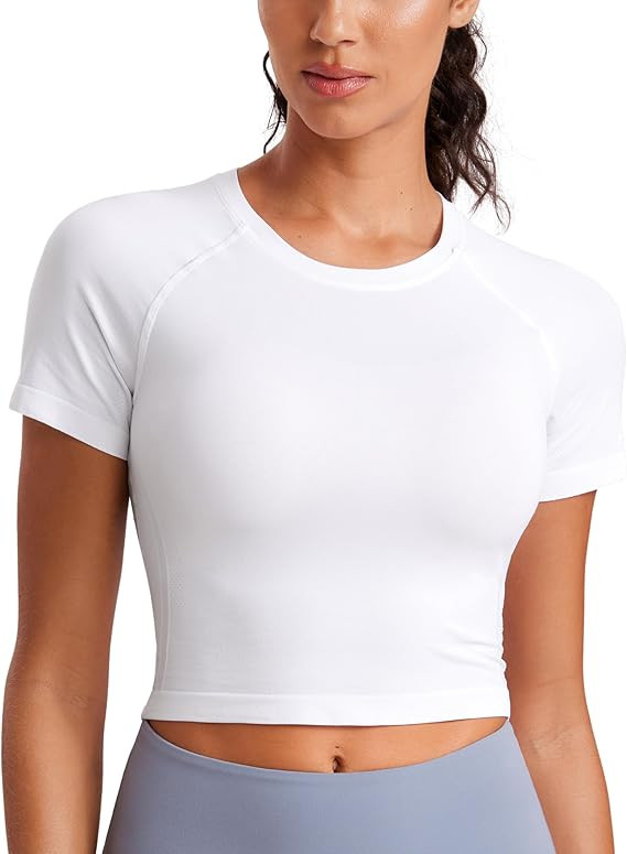 CRZ YOGA Seamless Crop Workout Tops for Women - Athletic Running Gym Yoga Short Sleeve Shirts Bas... | Amazon (US)
