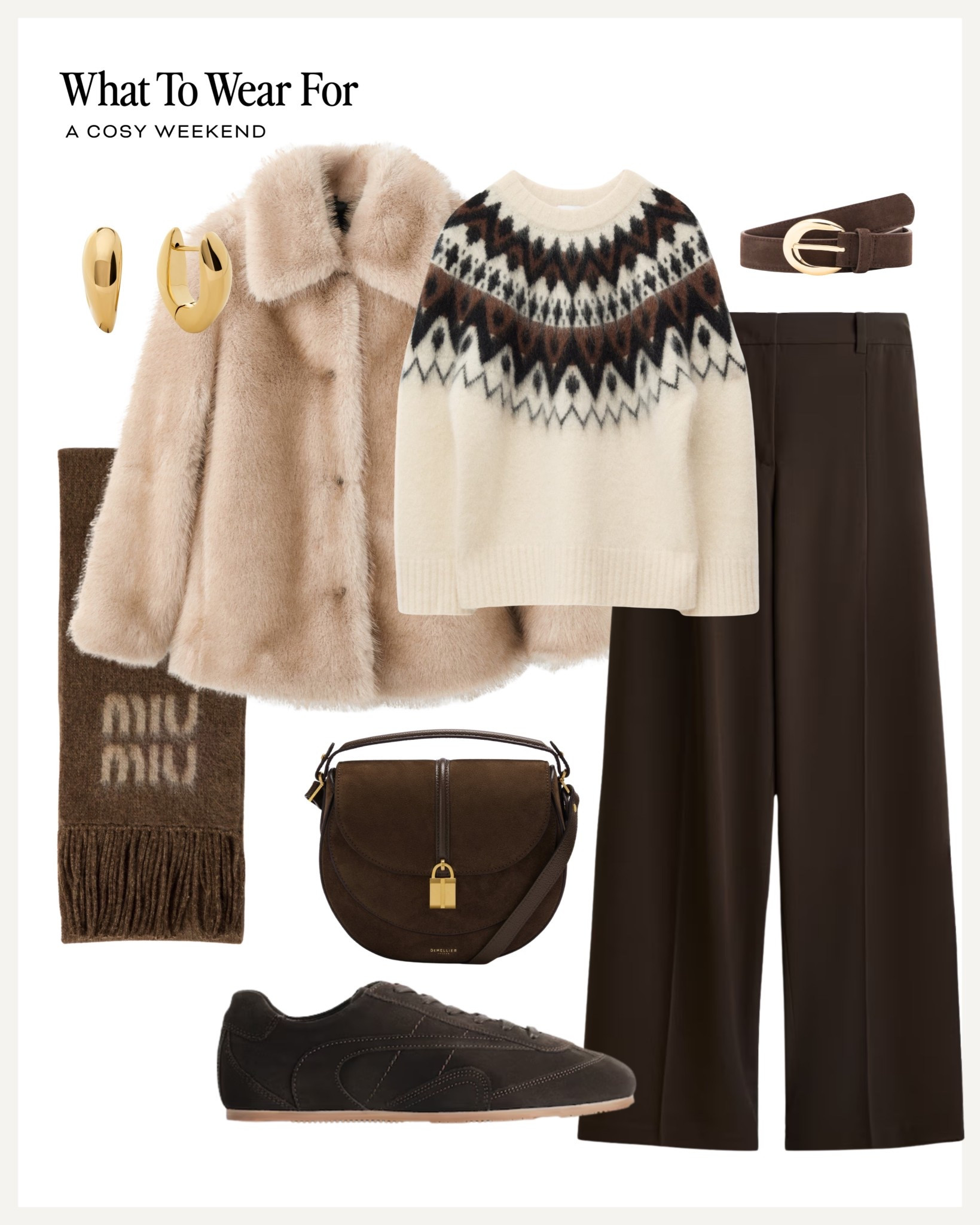 Cosy weekend outfit ideas 

Faux fur coat / fair isle knit / brown trousers / suede trainers / brown tonal outfits / neutral style / autumn / Christmas market outfit 

#LTKuk #LTKwinter #LTKautumn