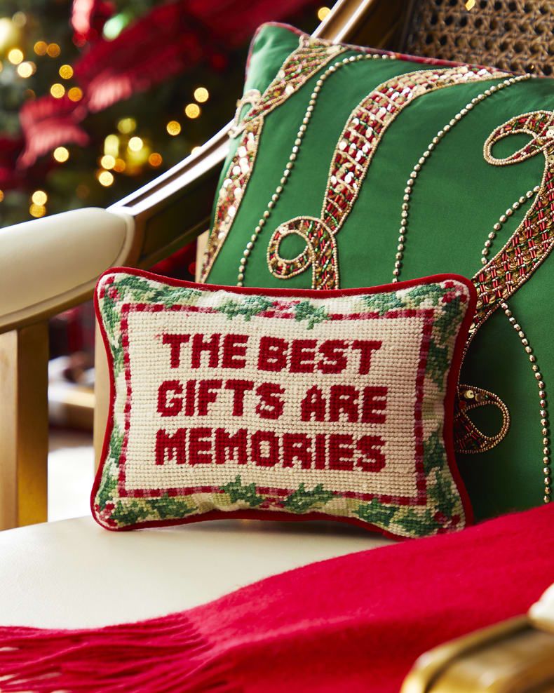 Neiman Marcus The Best Gifts Are Memories Needlepoint Christmas Pillow, 6.5" x 9" | Neiman Marcus