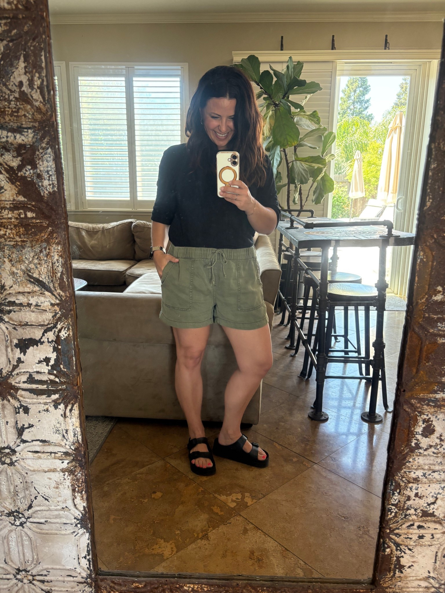Easy olive pull on shorts, double strap platform sandals and a basic tee. 

Weekend look
Summer outfit
Vacation style

#LTKOver40 #LTKPetite #LTKStyleTip