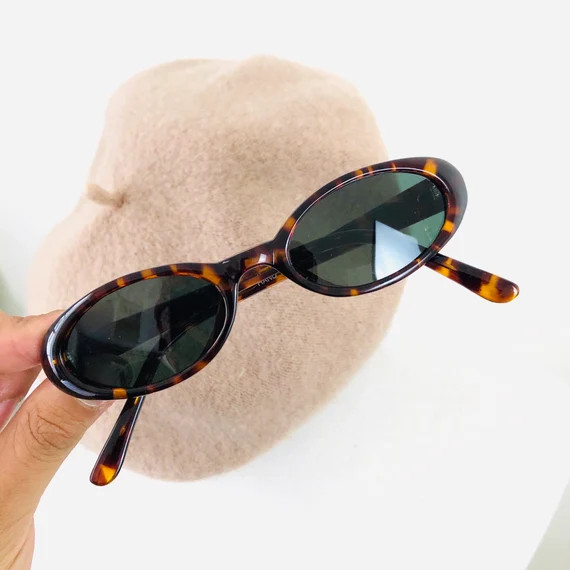 Thin Oval Authentic 1990s Vintage Deadstock Black Frame Sunglasses | Etsy (US)