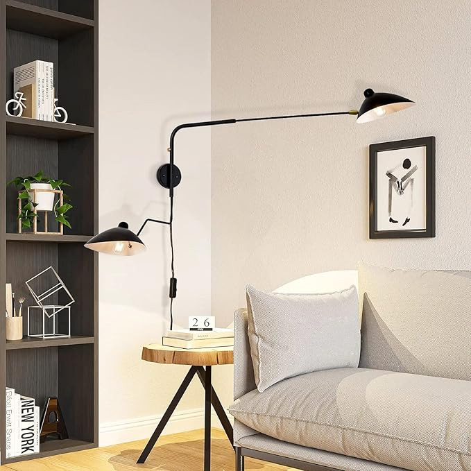Retro 2-Lights Swing Arm Wall Sconce with Plug in Cord Industrial Black Wall Light Fixture Adjust... | Amazon (US)