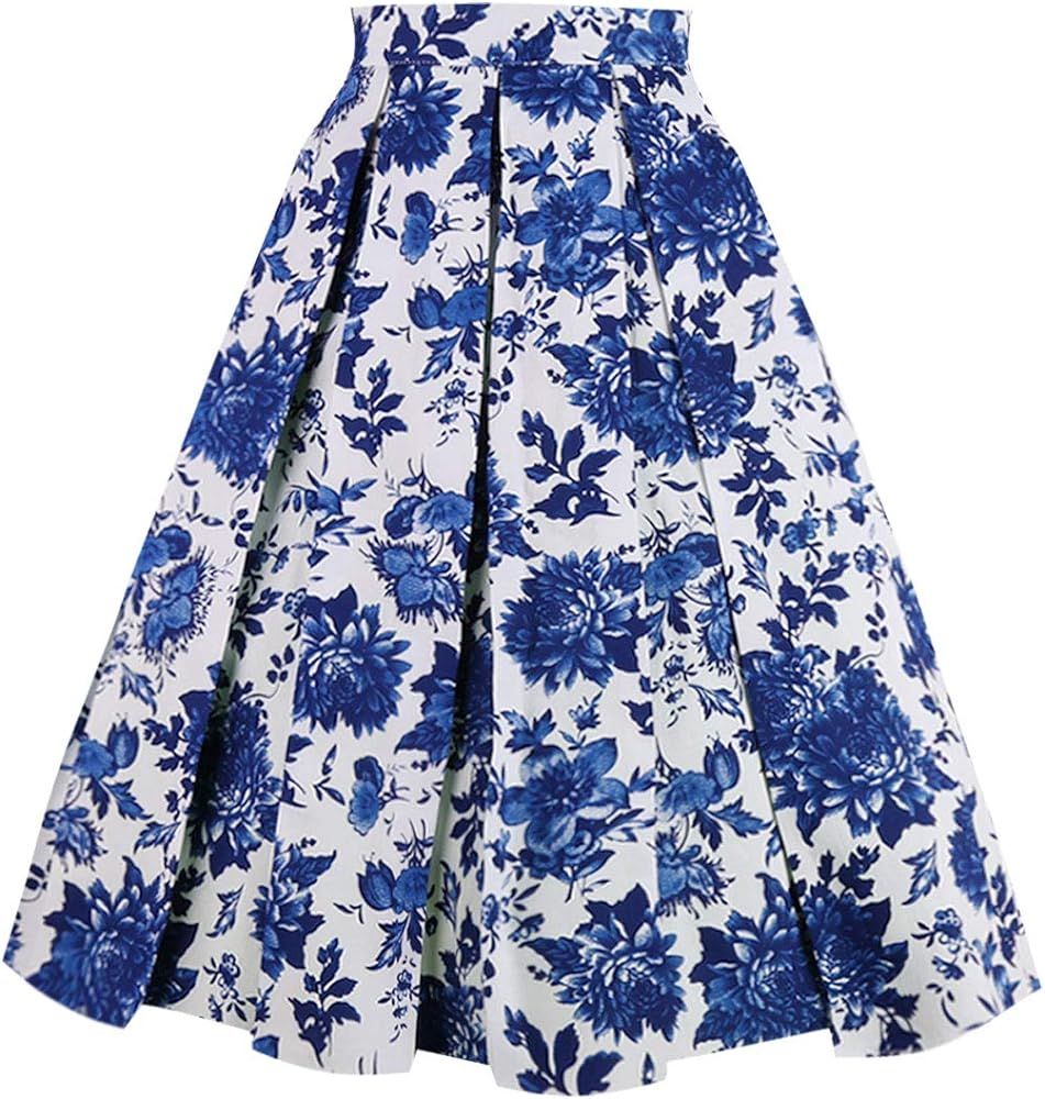 OBBUE Dresstore Vintage Pleated Skirt Floral A-line Printed Midi Skirts with Pockets | Amazon (US)