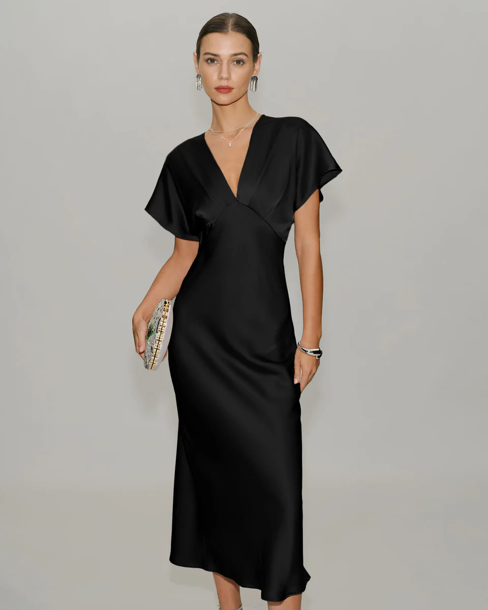 Black Satin Cowl Sleeve Midi Dress | rihoas.com
