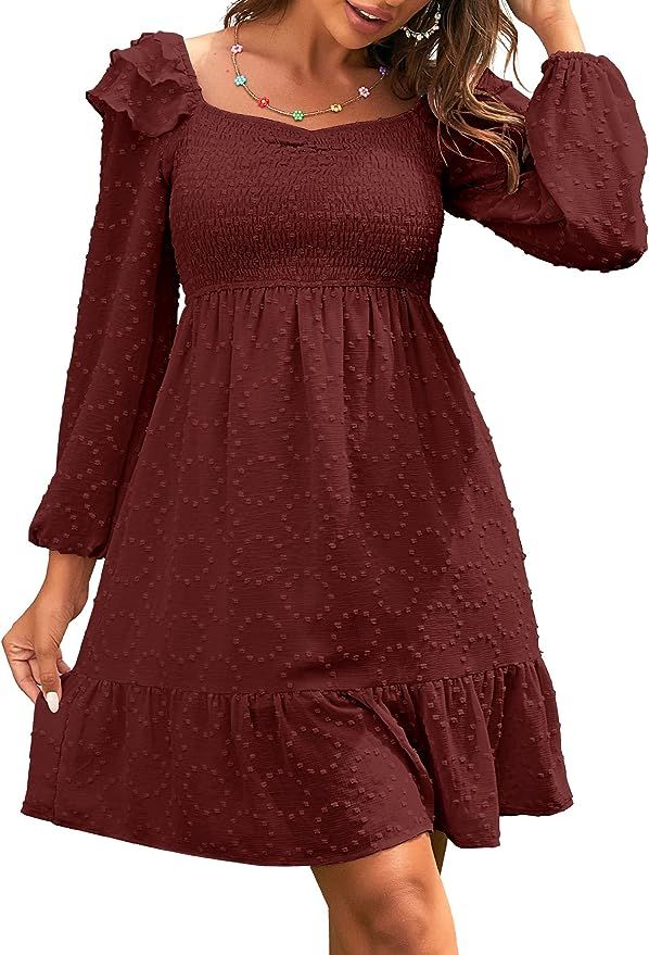 ZAFUL Women Lantern Sleeve Ruffle Mini Dress High Waist Swiss Dot Smocked Swing Dress | Amazon (US)