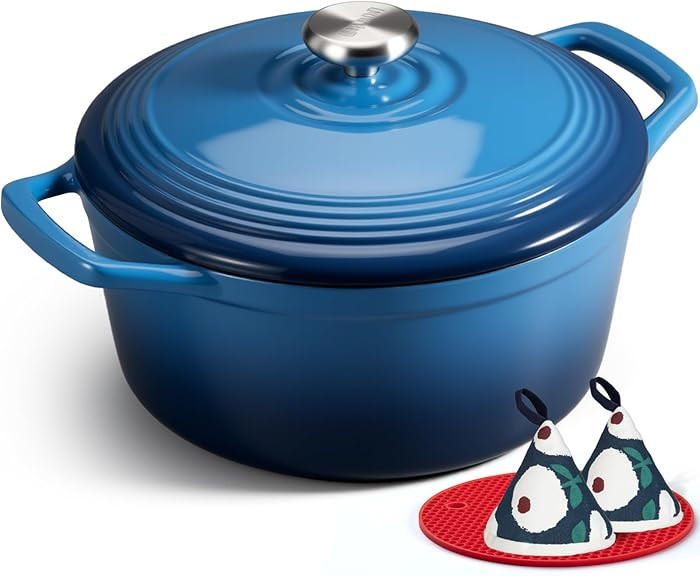 Overmont Enameled Cast Iron Dutch Oven - 5.5QT Pot with Lid Cookbook & Cotton Potholders - Heavy-... | Amazon (US)