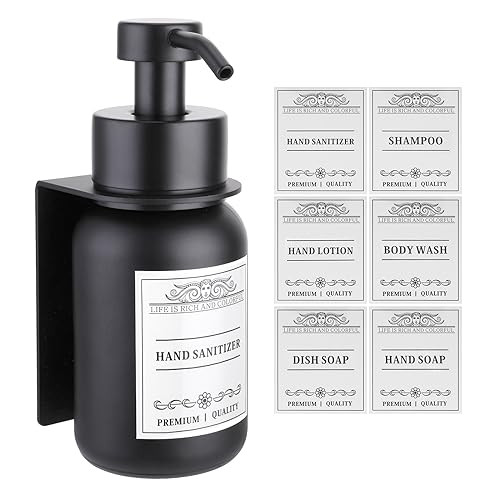 Nobtou Black Glass Soap Dispenser Wall Mount for Bathroom with Pump and Drill-Free Holders - 8.5 Oz Hand Soap Dispenser, Shower Dispenser with Waterproof Labels | Amazon (US)