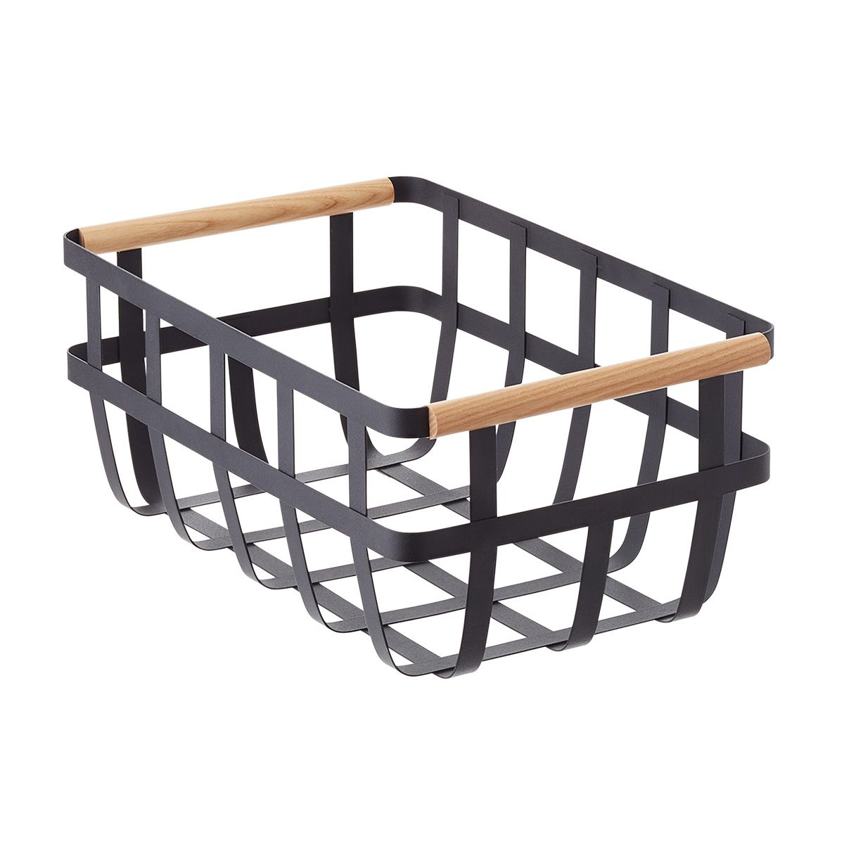 Yamazaki Tosca Basket w/ Wooden Handles Black/Natural | The Container Store