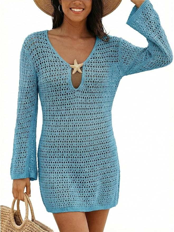 CUPSHE Women Crochet Swimsuit Cover Ups Long Sleeve Summer Beach Coverup Dress for Swimwear | Amazon (US)