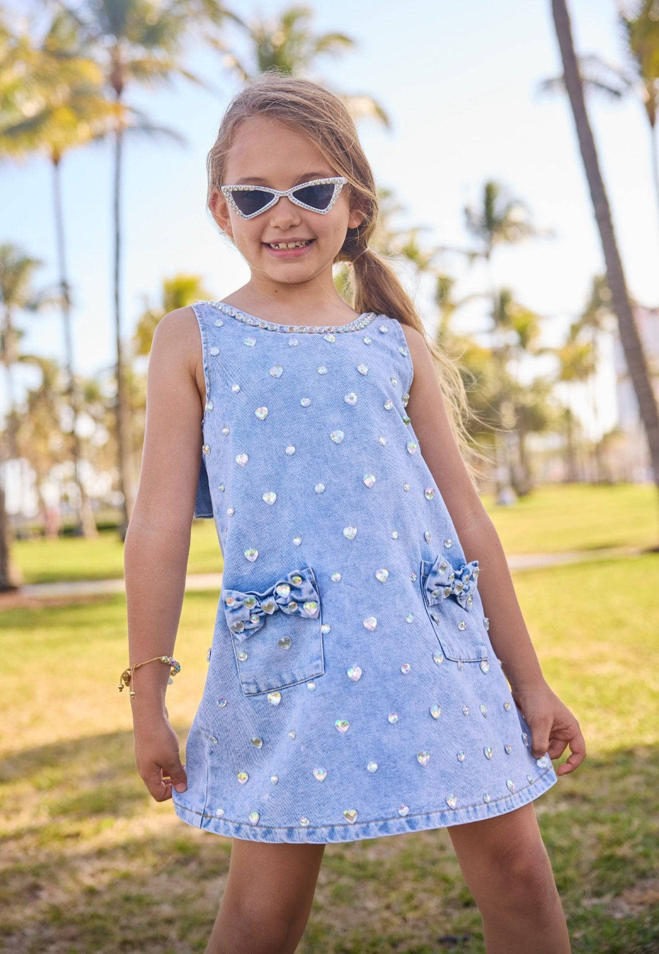 Crystal Heart Denim Bow Dress | Lola + The Boys