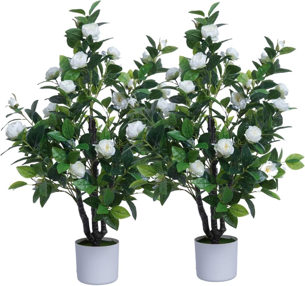 Artificial Camellia Tree 35in Faux Floral Plant with White Flowers and Green Leaves - No Maintena... | Amazon (US)