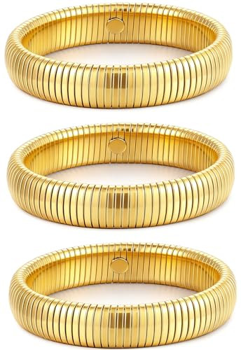 JUNYANGY Gold Bracelets for Women Set of 3 Gold Chunky Stretch Bangles Bracelets 24K Gold Plated Stainless Steel Bracelets Flexible Wide Stack Bracelets Designer Look Alike Jewelry for Women | Amazon (US)