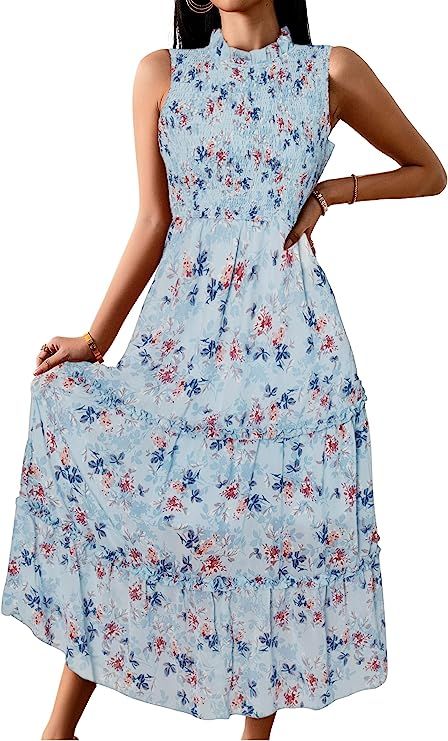 Angashion Womens Dresses, Summer Casual Floral Crewneck Sleeveless Ruffle Beach Maxi Tank Dress | Amazon (US)