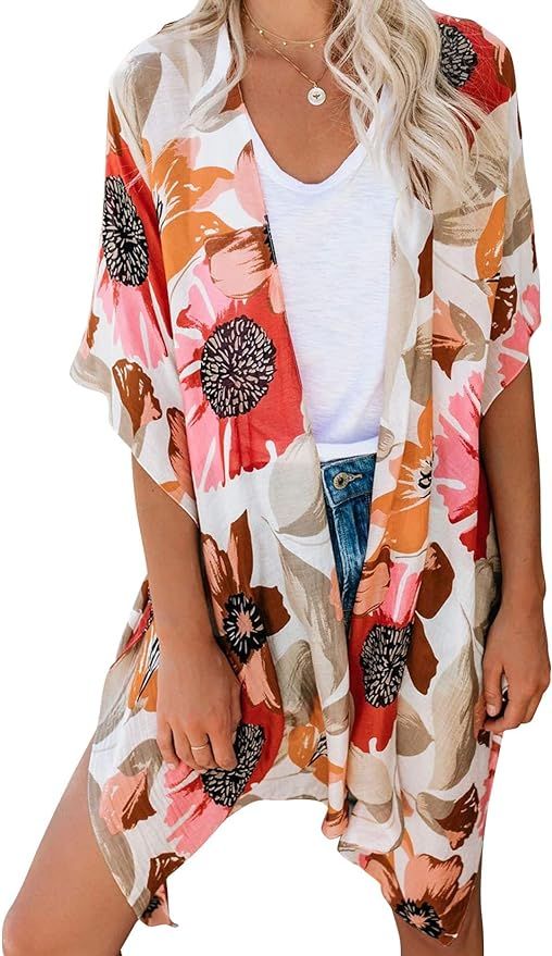 PRETTODAY Women's Summer Floral Print Kimonos Loose Half Sleeve Chiffon Cardigan Blouses Casual C... | Amazon (US)