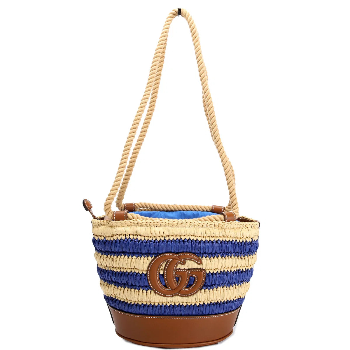 834935 Woven Raffia Mini Bucket Bag Tan/Blue | Keeks Designer Handbags