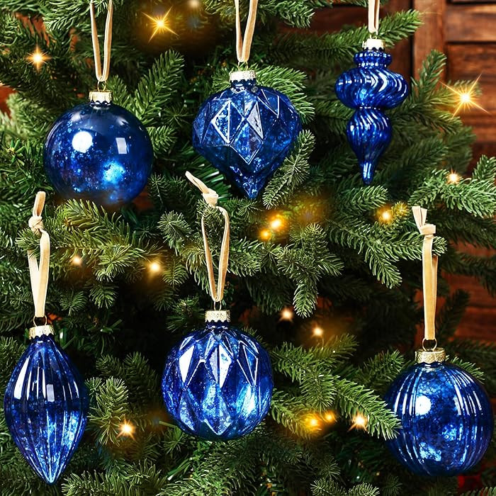 Civaner Set of 6 Blue Mercury Glass Christmas Ornaments Large Hanging Mercury Glass Balls Finials... | Amazon (US)