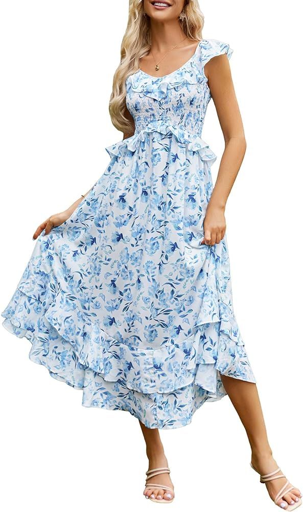 GRACE KARIN Women's 2024 Summer Casual Flowy Floral Sleeveless Dress Ruffle V Neck Layered Long B... | Amazon (US)