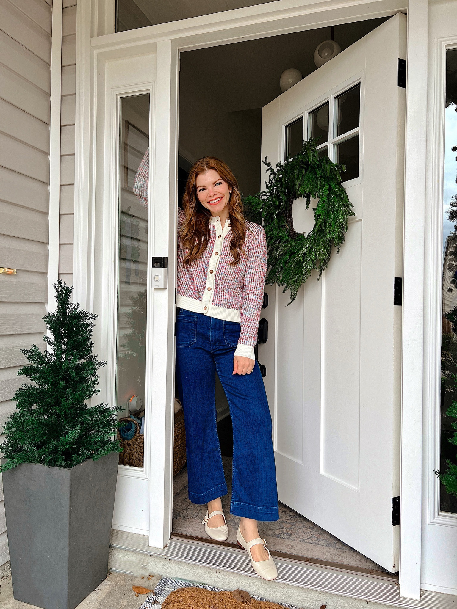 Outfit from my last reel. This sweater was something I mentioned to Luke then showed him in person when we went Christmas shopping and he surprised me with it. It is absolutely stunning and has tortoise buttons trimmed in gold. So unique. I got a small and it’s 50% off! 

Jeans are a top fave from 2024. I’m in a 27, but could do a 26. They’re universally flattering on all body types and come in petite and plus sizing. 

Flats are a true closet staple. I love the cream with the gold hardware. So comfortable and TTS.



#LTKStyleTip #LTKSaleAlert #LTKFindsUnder100