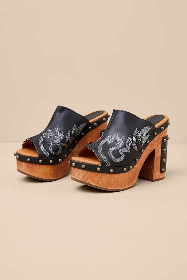Free Spirit Black Leather Wooden Platform Slide Sandals | Lulus