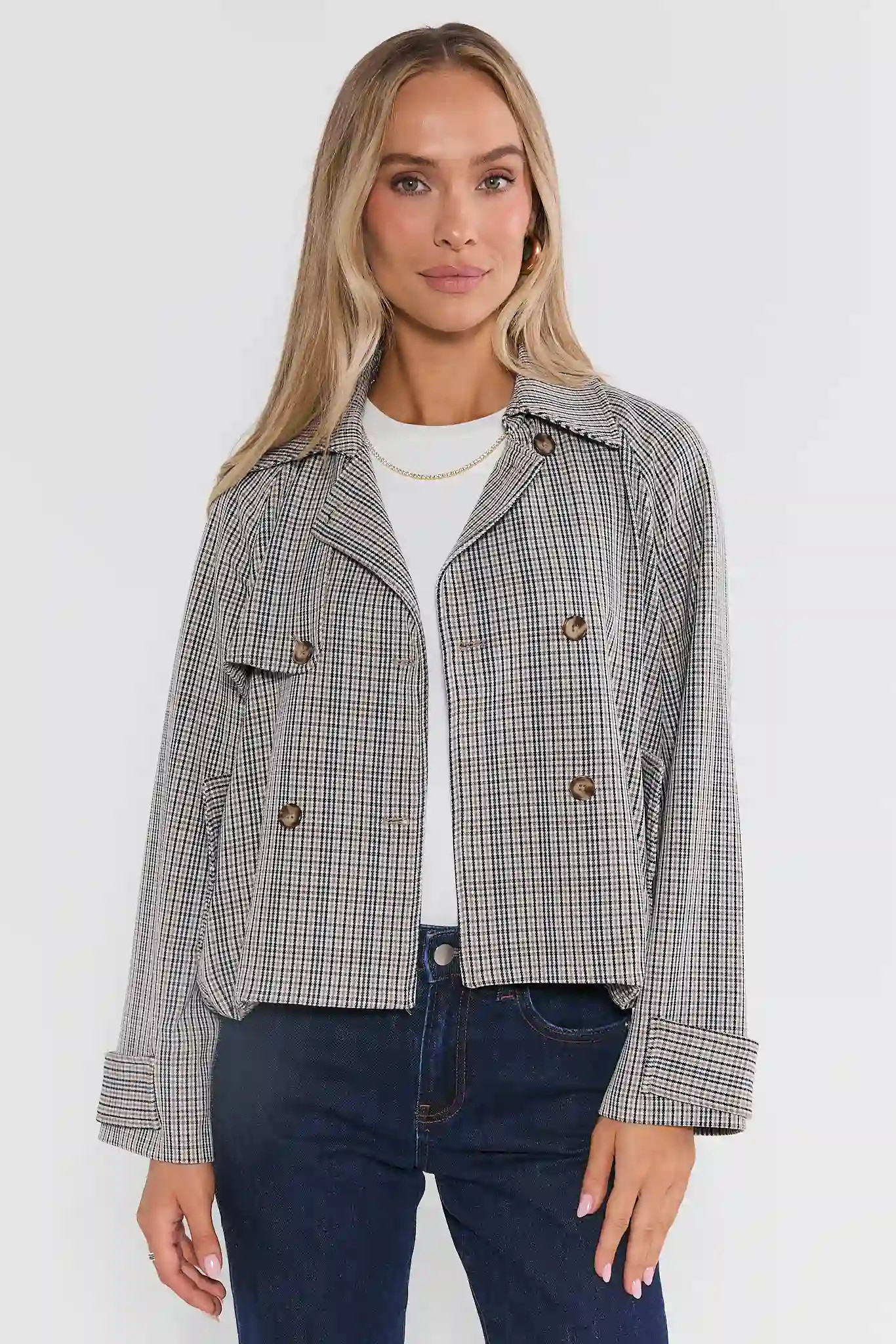 Brown Plaid Cropped Trench Jacket | Avara
