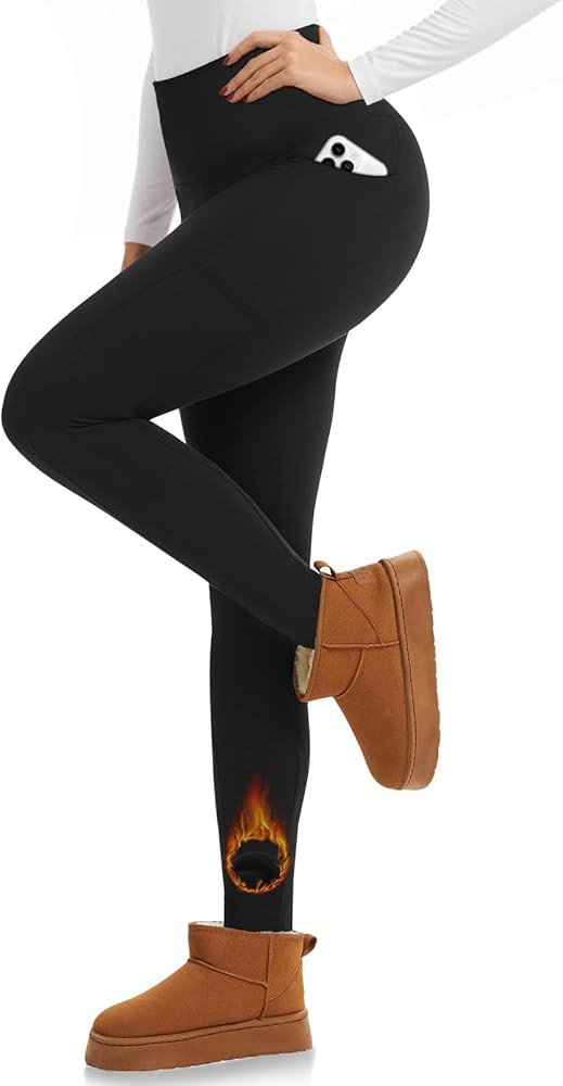 iaoja Fleece Lined Leggings Women with Pockets - Thermal High Waist Tummy Control Yoga Pants Wint... | Amazon (US)