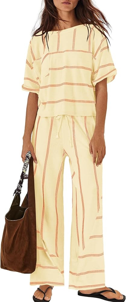 Panadila Womens Striped Lounge Set 2 Piece Summer Travel Vacation Sets Short Sleeve Tops and Wide... | Amazon (US)