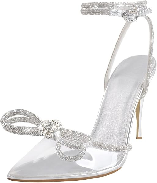onlymaker Women's Pointy Toe Satin Sandals Ankle Strap Rhinestone Stilettos Bowknot Pumps | Amazon (US)