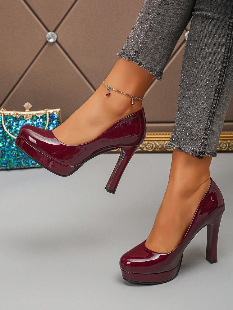 New High Heel Platform Shoes, Wine Red Low Vamp Commuter Pumps, Round Toe Comfortable Thick Heel ... | SHEIN