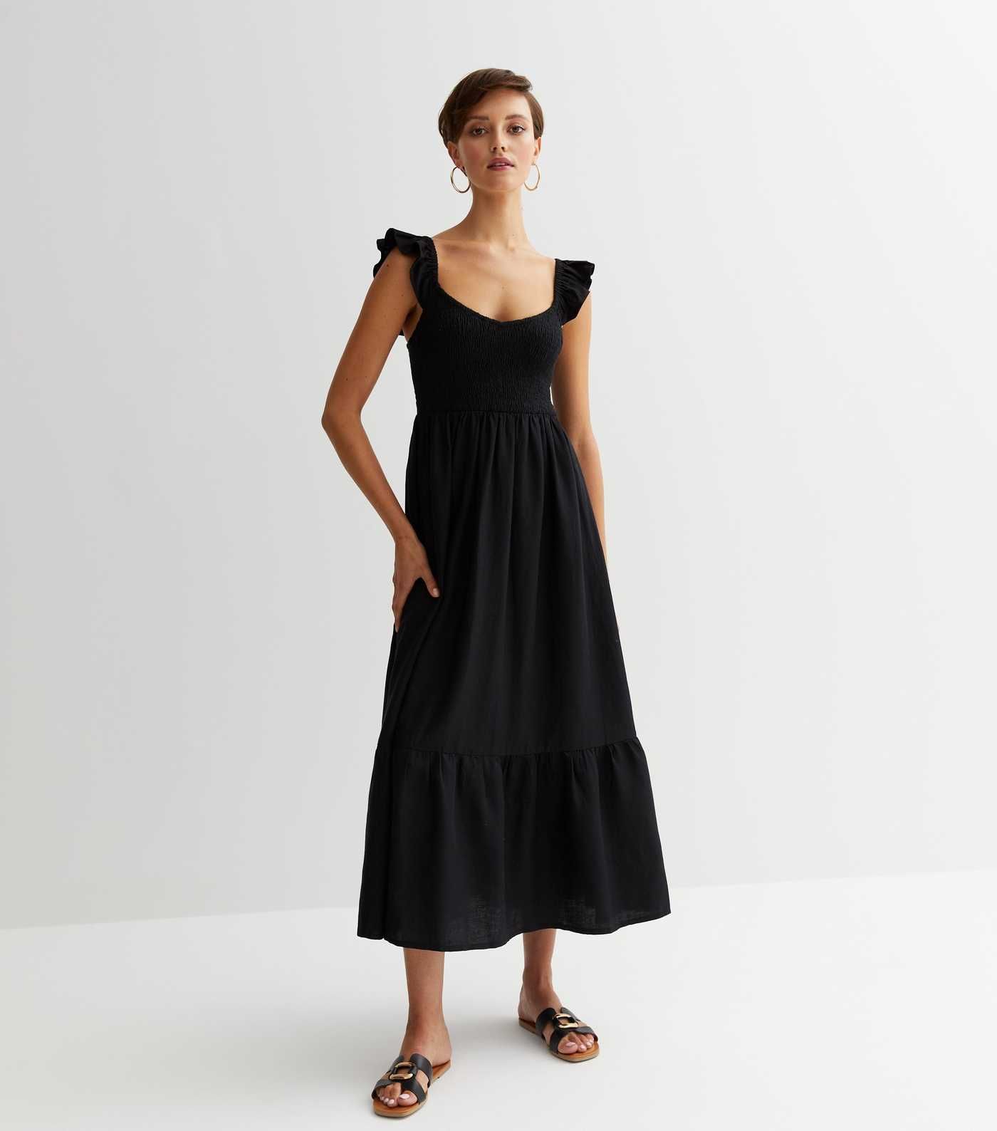 Black Shirred Frill Midi Dress
						
						Add to Saved Items
						Remove from Saved Items | New Look (UK)