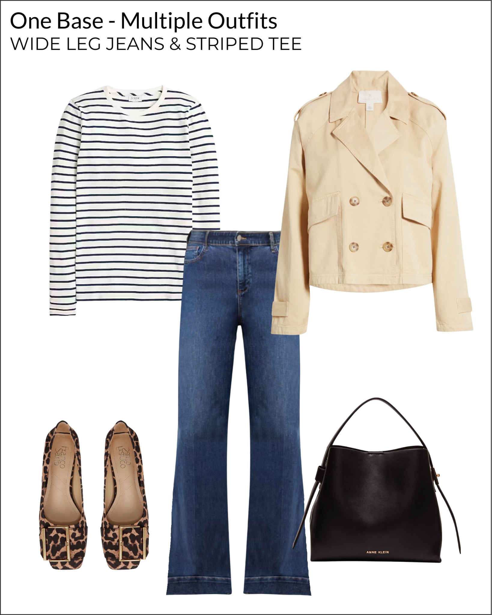 1 Base, 10 Outfits: How To Style Wide Leg Jeans And A Striped Tee In Multiple Budget-Buy Outfits

Short trench coat, leopard flats